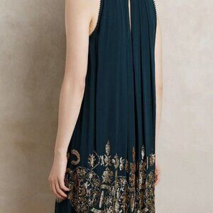 NOT SO SERIOUS x Anthropologie Beaded Green & Gold Swing Dress